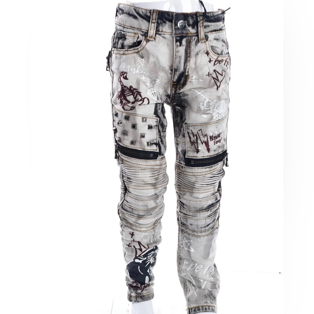 BOYS’ 8IGHTH DSTRKT GREY GRAFFITI BIKER JEANS